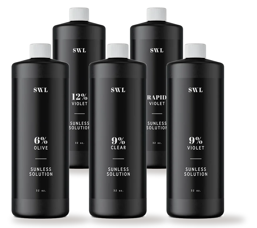 Five label-free spray tan solution bottles in different shades