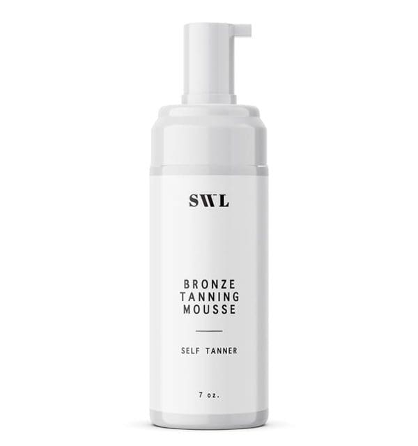 Tanning Mousse self tanner in a 7 oz white label foam pump bottle with a sample SWL label