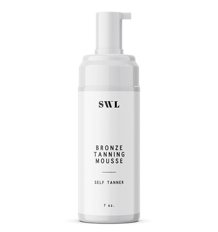 Tanning Mousse self tanner in a 7 oz white label foam pump bottle with a sample SWL label