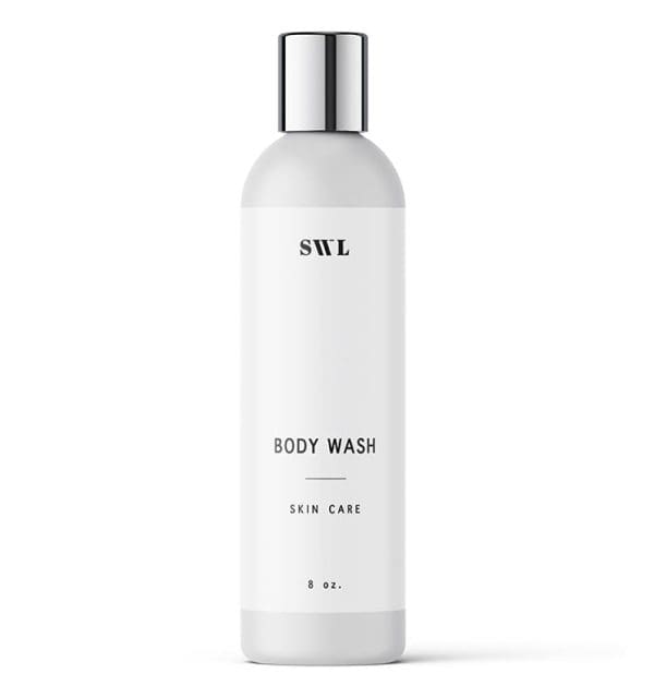 Body Wash in an 8 oz white label bottle with a silver cap and a sample SWL label