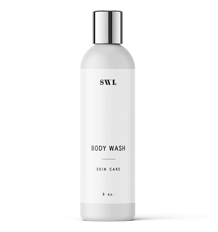 Body Wash in an 8 oz white label bottle with a silver cap and a sample SWL label