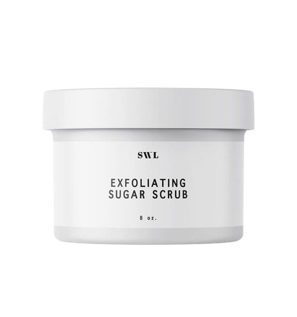 Exfoliating Sugar Scrub in an 8 oz white label jar with a sample SWL label