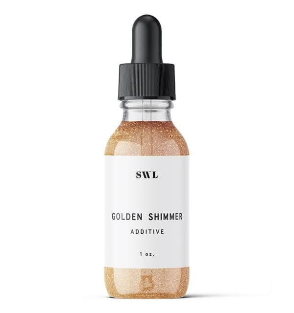 Golden Shimmer spray tan additive with gold shimmer in a 1 oz white label dropper bottle with a sample SWL label