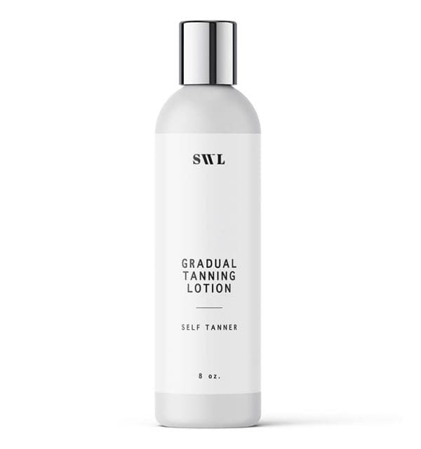 Gradual Tanning Lotion in an 8 oz white label bottle with a silver cap and a sample SWL label