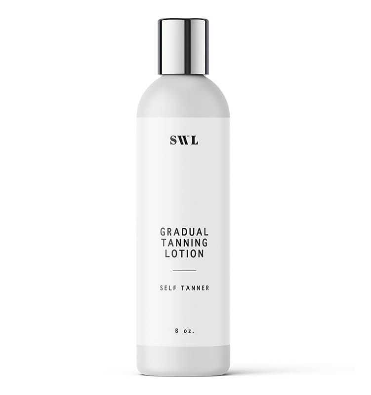 Gradual Tanning Lotion in an 8 oz white label bottle with a silver cap and a sample SWL label