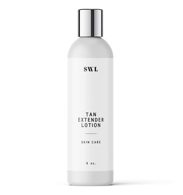 Tan Extender Lotion in an 8 oz white label bottle with a silver cap and a sample SWL label