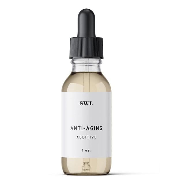 Anti-Aging spray tan additive in a 1 oz white label glass dropper bottle with a sample SWL label