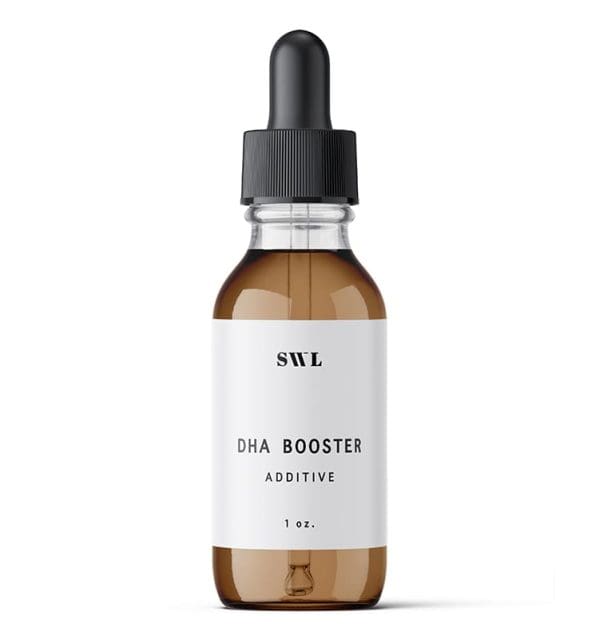 DHA Booster Drops in a 1 oz white label dropper bottle of amber liquid with a sample SWL label