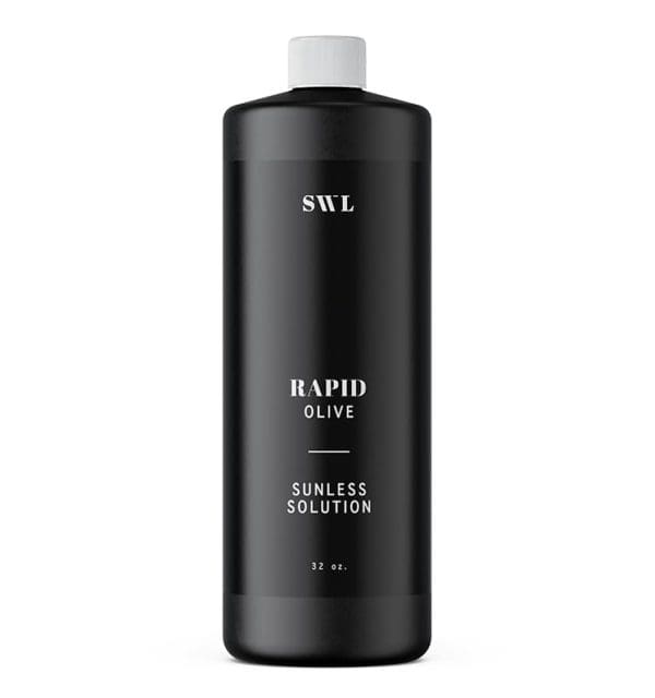 Olive Rapid spray tan solution in a black 32 oz white label bottle with a sample SWL label