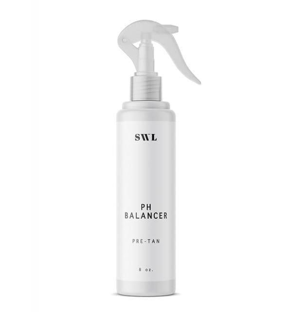 pH Balancer pre-tan prep in an 8 oz white label trigger spray bottle with a sample SWL label