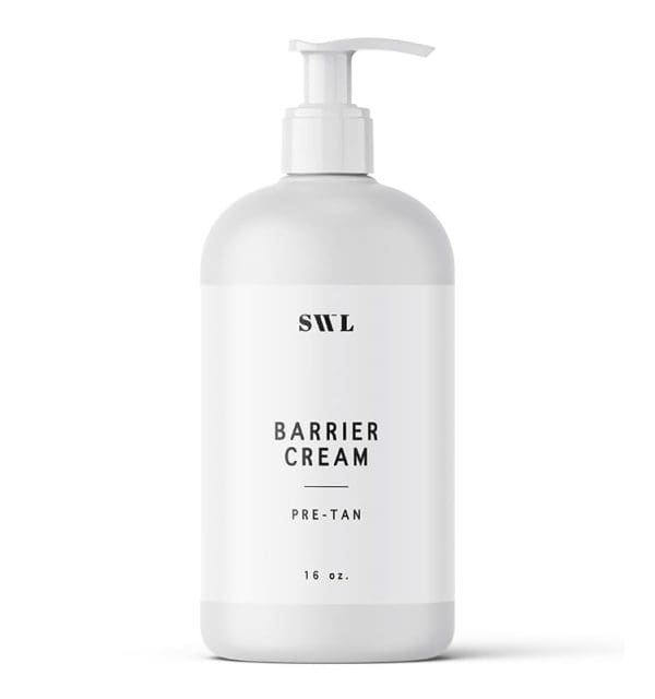 Barrier Cream pre-tan prep in a 16 oz white label pump bottle with a sample SWL label