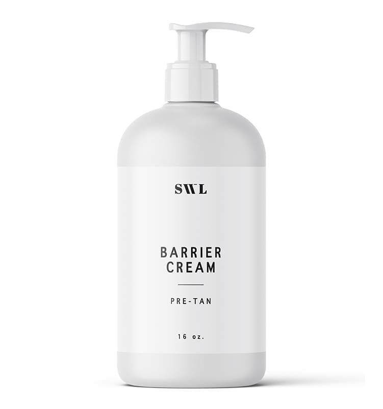 Barrier Cream pre-tan prep in a 16 oz white label pump bottle with a sample SWL label