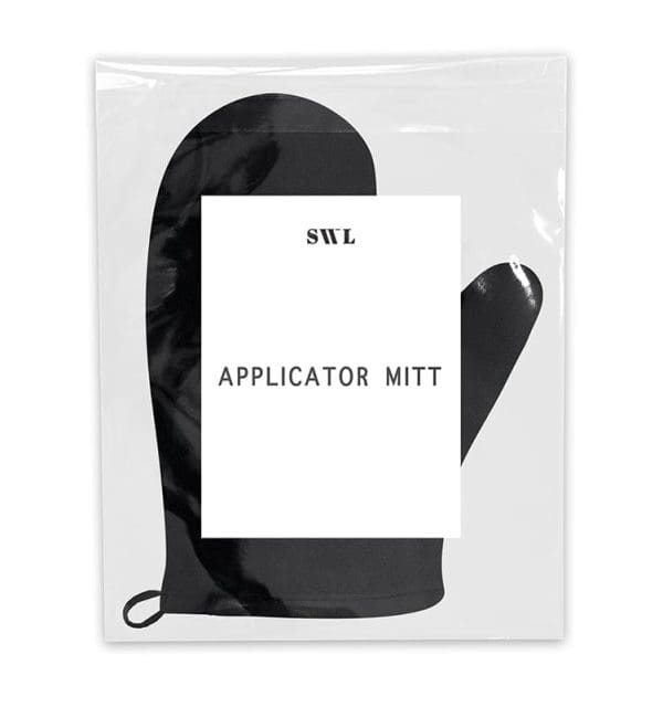 Black velvet Applicator Mitt for self tanning, white label, in a clear bag with a sample SWL label