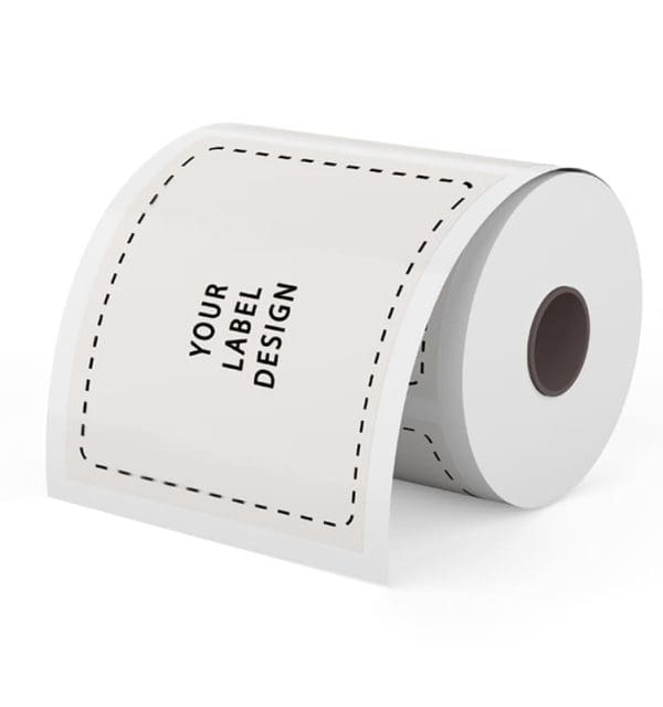 Roll of product labels with a dashed outline reading Your Label Design, for custom label printing
