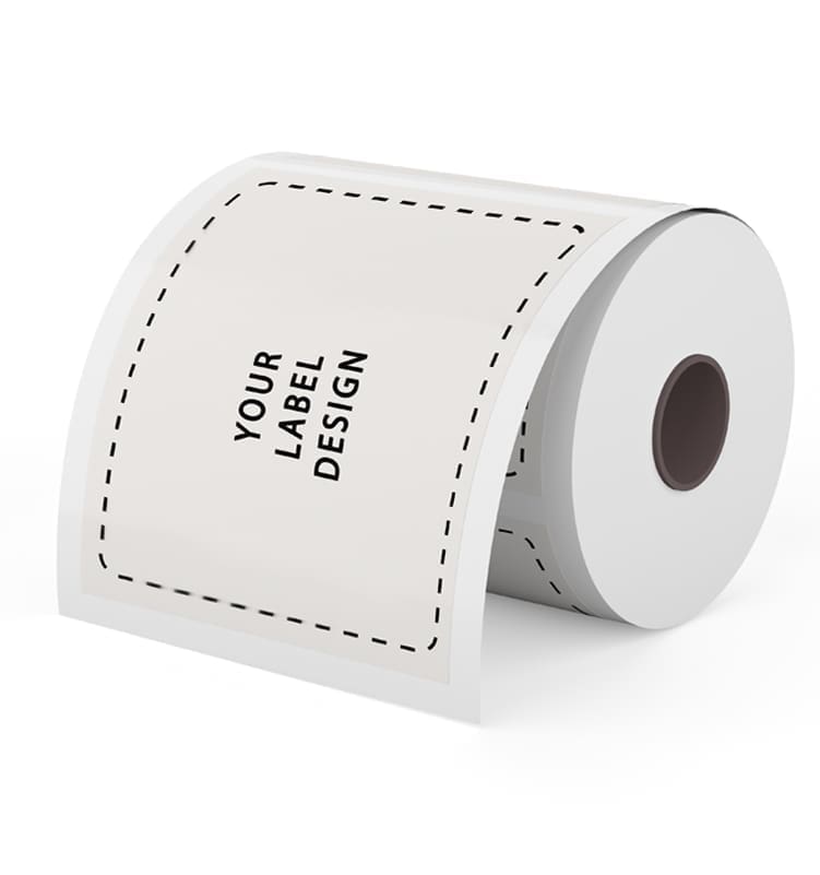 Roll of product labels with a dashed outline reading Your Label Design, for custom label printing