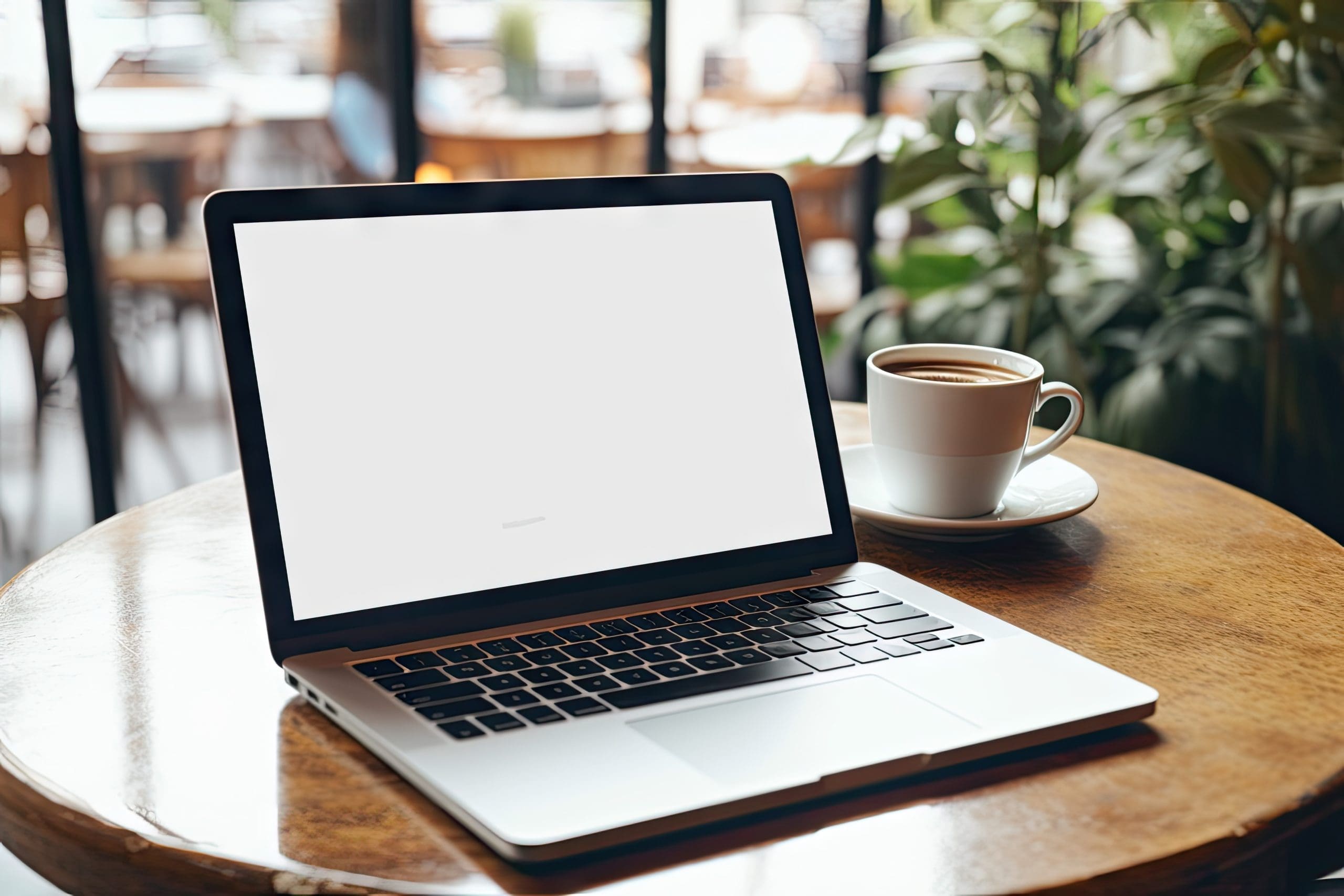 Open laptop with a blank screen beside a cup of coffee on a round wooden cafe table
