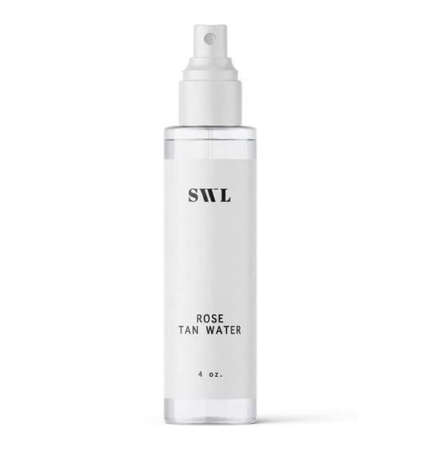 Rose Tan Water in a clear 4 oz white label spray bottle with a sample SWL label