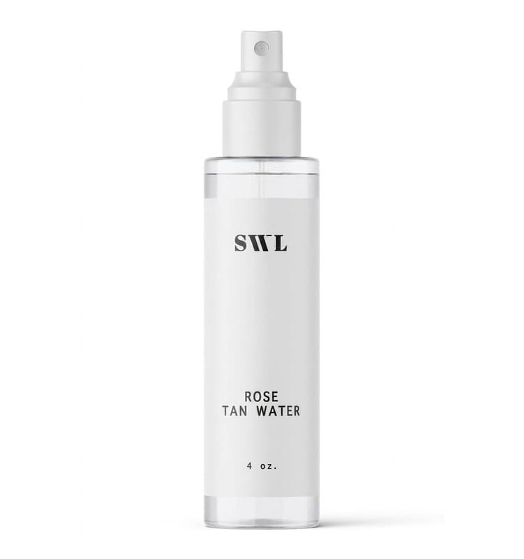 Rose Tan Water in a clear 4 oz white label spray bottle with a sample SWL label