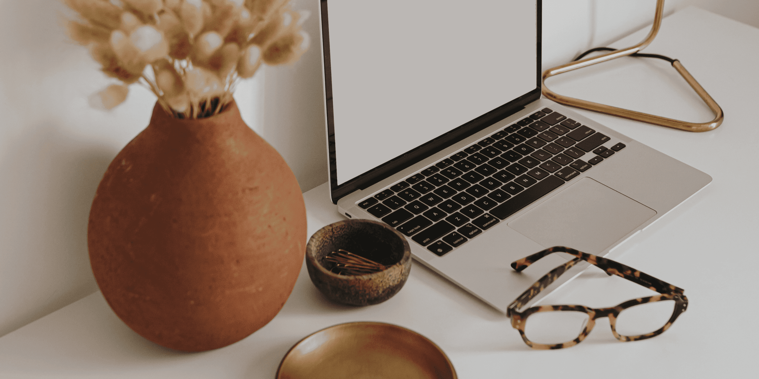 Laptop, tortoiseshell glasses and a terracotta vase of dried grass on a white desk