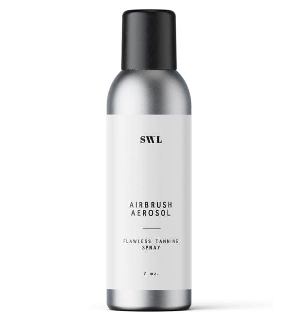 Airbrush Aerosol self tan mist in a 7 oz white label aerosol can with a black cap and a sample SWL label