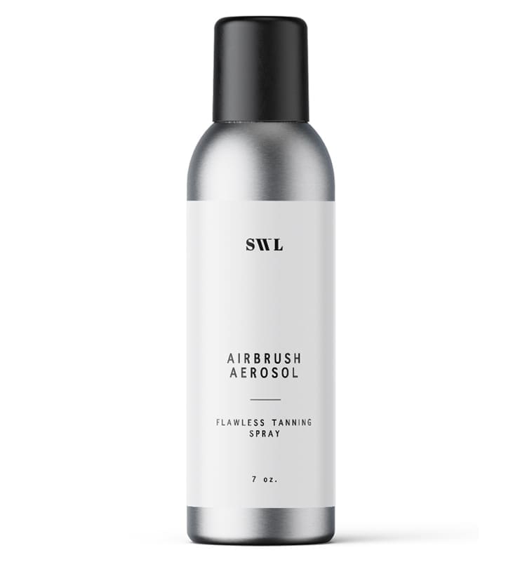 Airbrush Aerosol self tan mist in a 7 oz white label aerosol can with a black cap and a sample SWL label