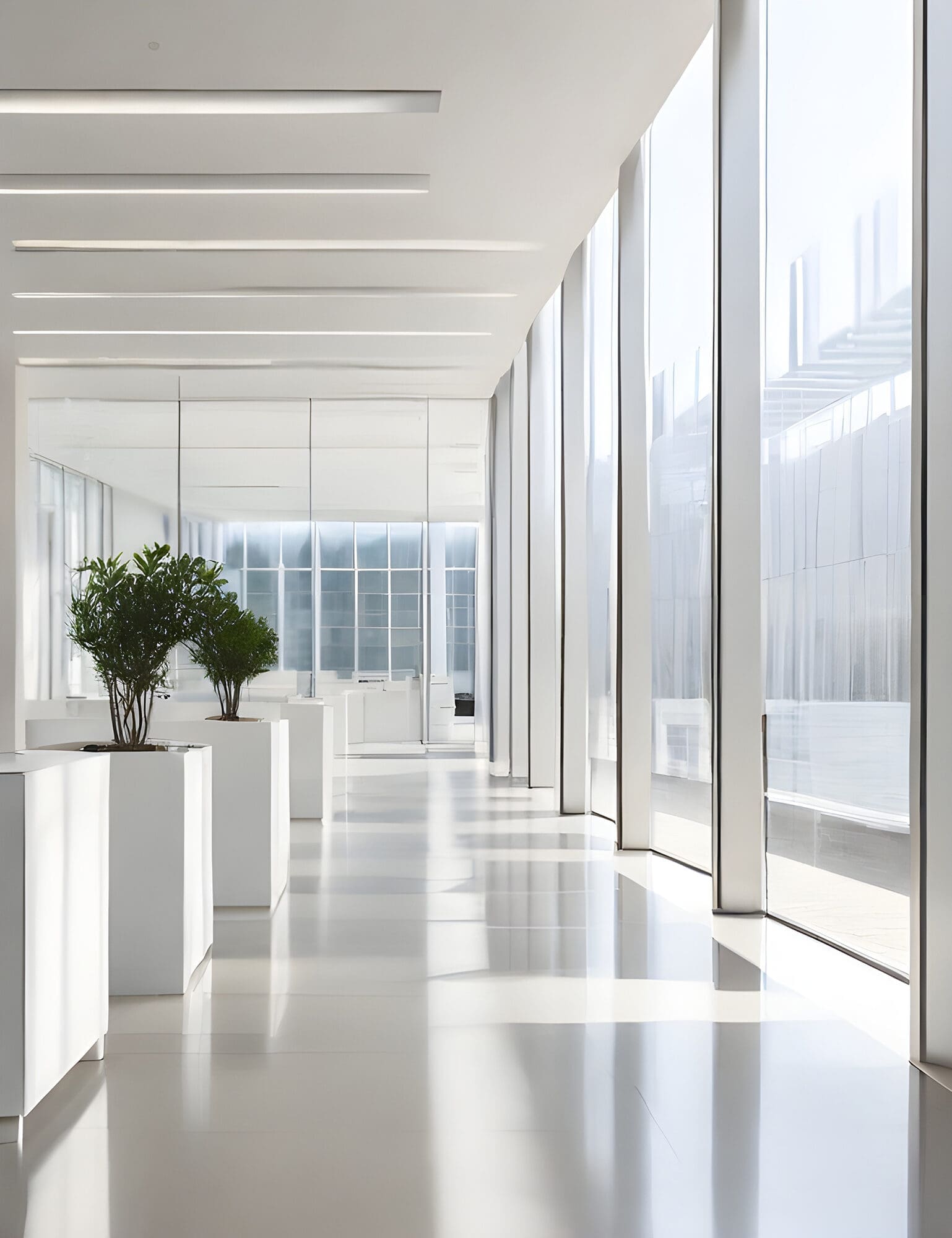 Bright modern office corridor with glass walls and potted trees