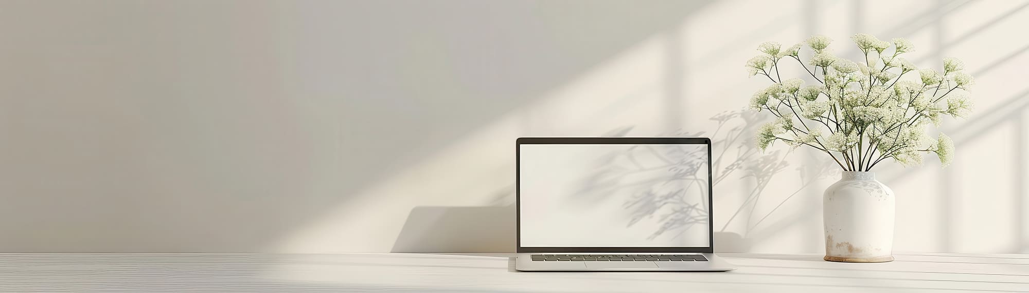 Open laptop on a white desk beside a vase of small white flowers in soft sunlight
