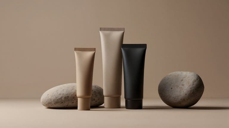 Three unbranded squeeze tubes, two beige and one black, standing between smooth stones
